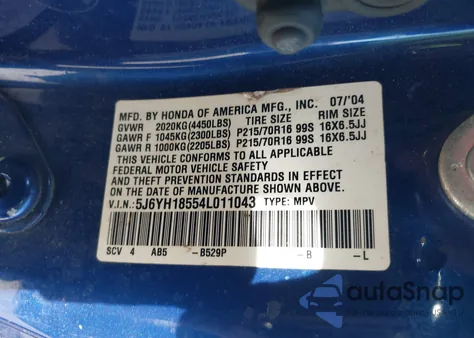 2004 Honda Element Ex from USA, damaged, VIN 5J6YH18554L011043